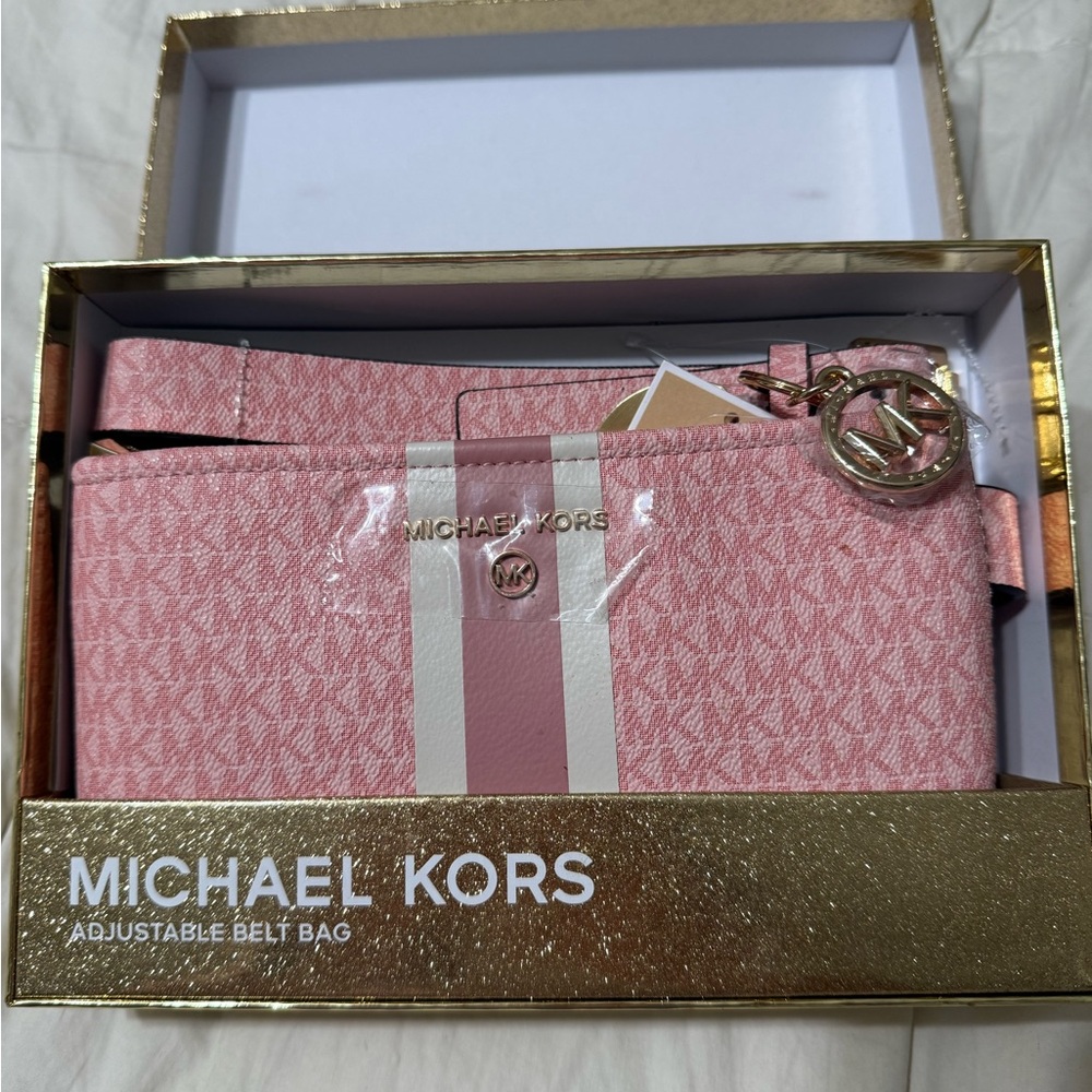 NWT Michael Kors Pink Adjustable Belt Bag with Stripe